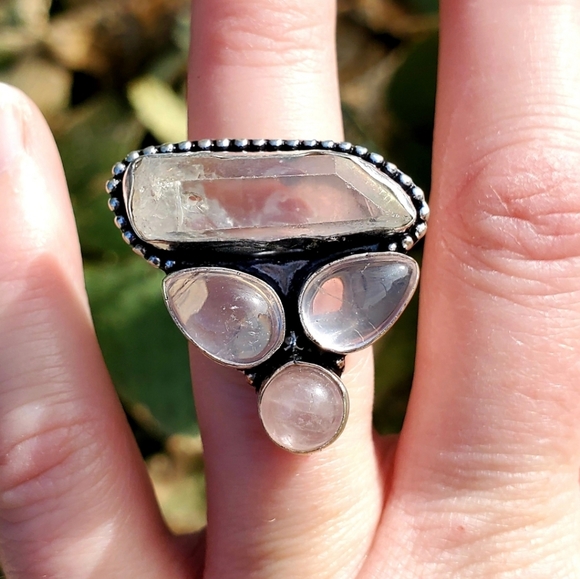 New Rose Quartz & Aura Quartz Crystal 925 Silver Ring. - Picture 2 of 13
